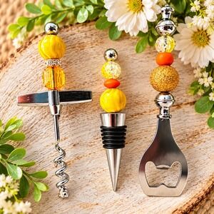 Beaded Barware Set 3pc Yellow Orange Corkscrew Bottle Stopper Opener Handmade